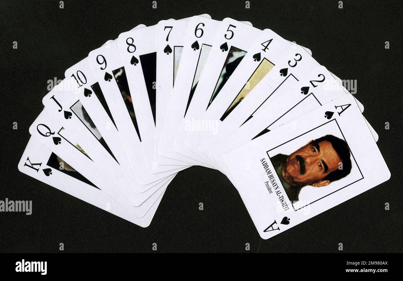 Iraq War Most Wanted Playing Cards - fan of all the Spades, with the face of Saddam Hussein (c.1937-2006) as the Ace of Spades. Stock Photo