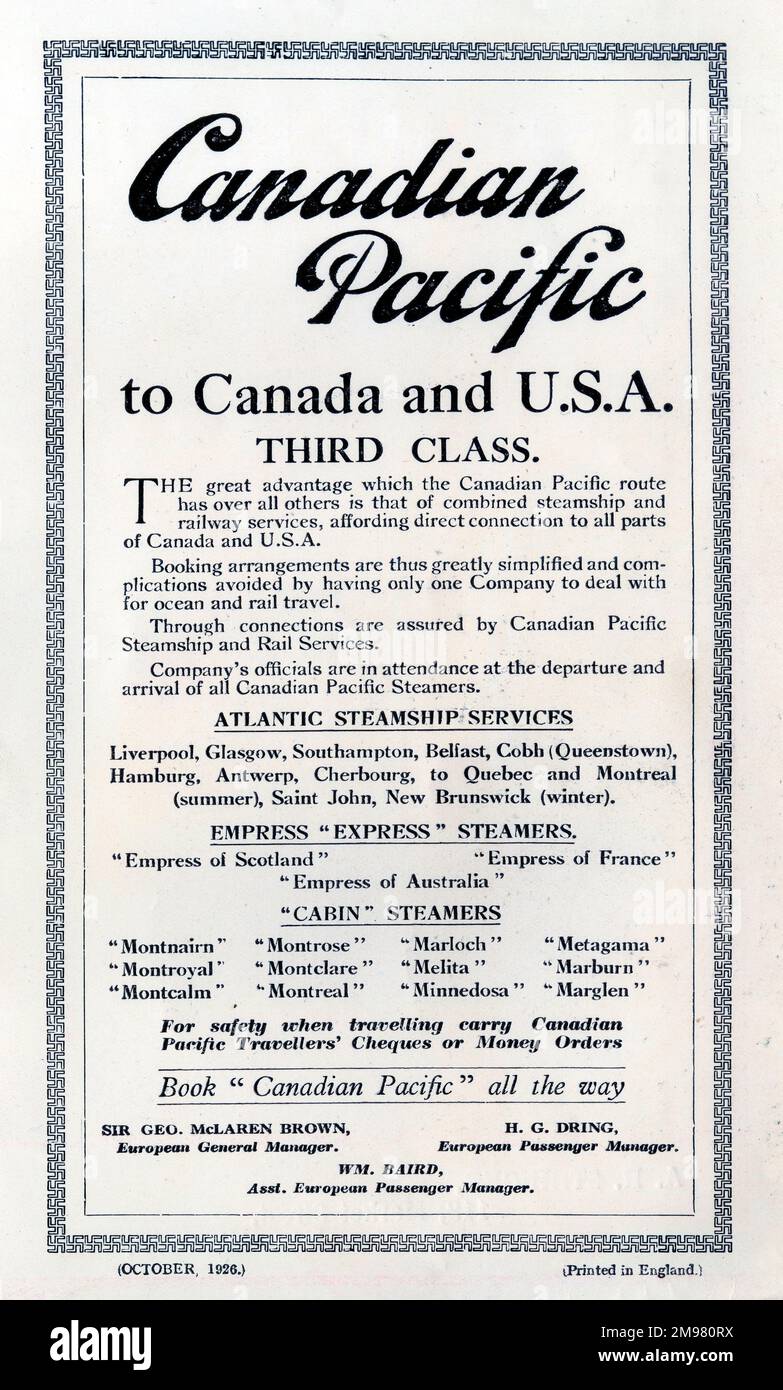 Canadian Pacific to Canada and USA, Third Class, information page