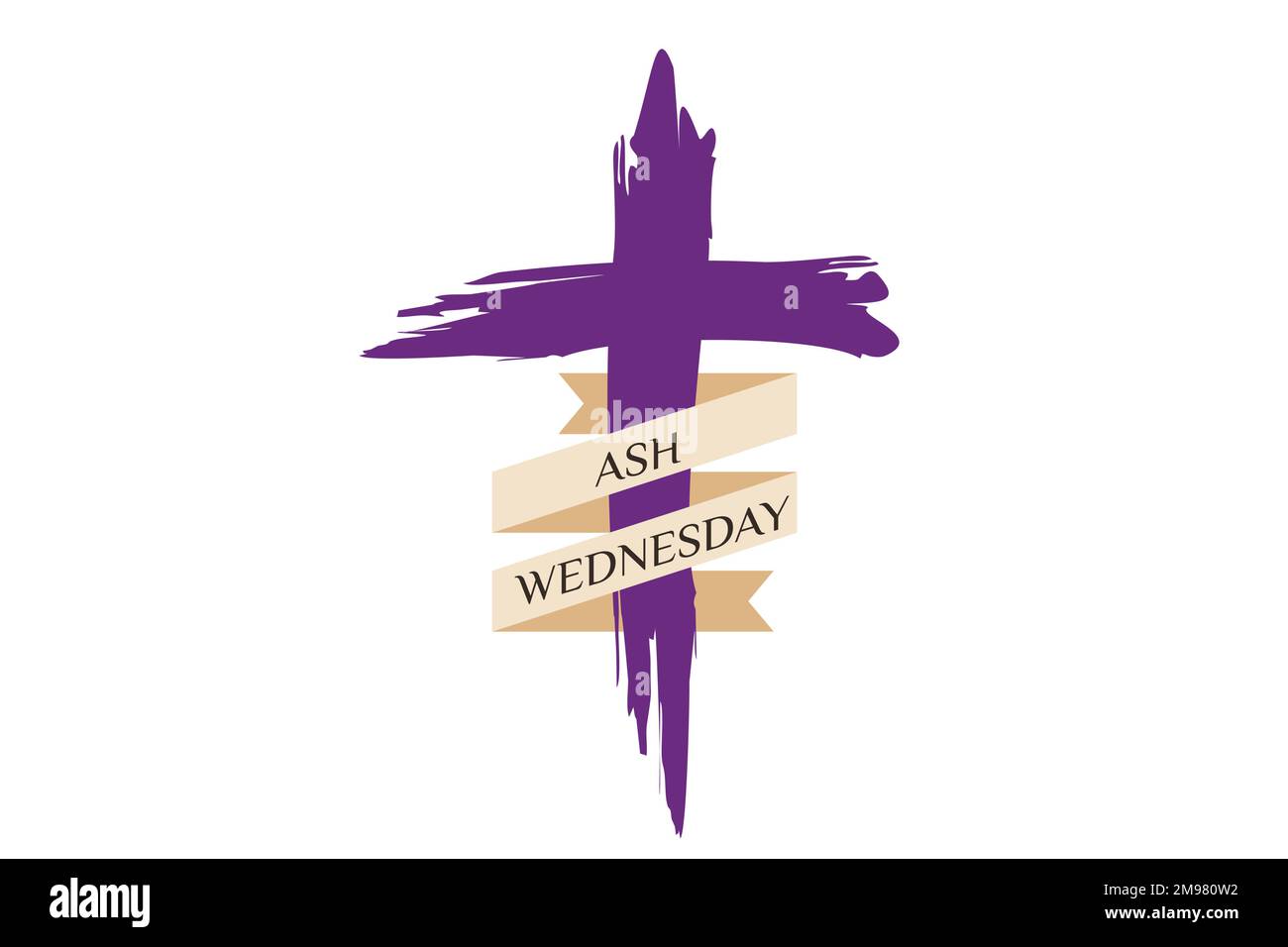 Poster with traditional ash cross drawing and purple ribbon with biblical words in a scroll that mark the beginning of Lent, flat vector modern illust Stock Vector