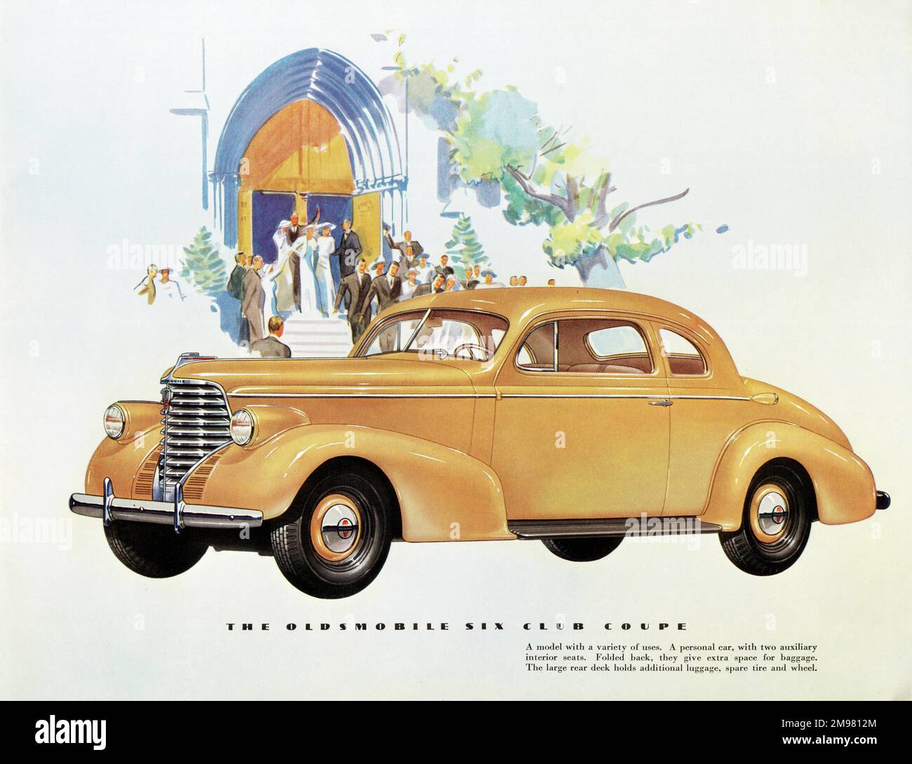 Brochure illustration, Oldsmobile Six, showing a cream-coloured two-door Club Coupe car, with a church wedding taking place in the background. Stock Photo