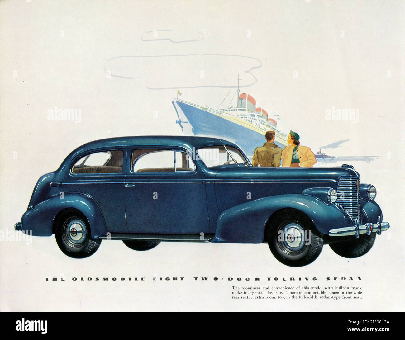 Brochure illustration, Oldsmobile Eight, showing a bright blue two-door touring sedan car, with a couple and the SS Normandie in the background. Stock Photo