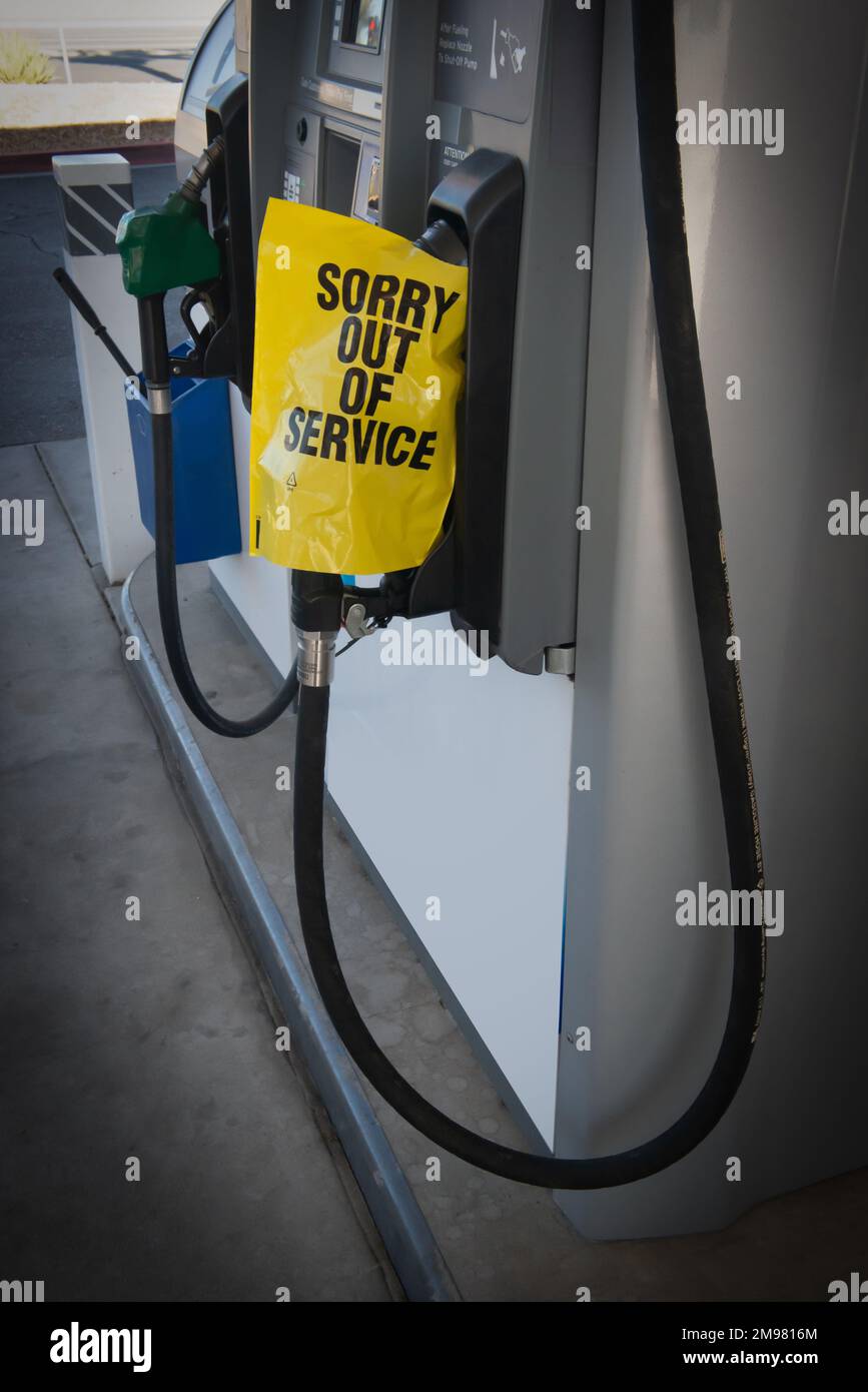Sorry Out of Service cover on a petrol pump at a Gas Station, USA Stock