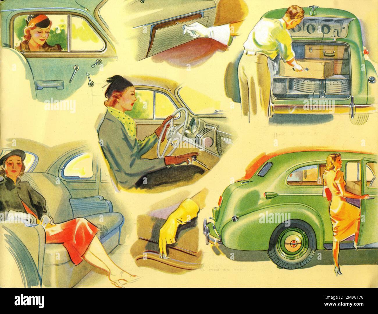 Brochure illustration, Oldsmobile car, showing a range of interior and exterior views. Stock Photo