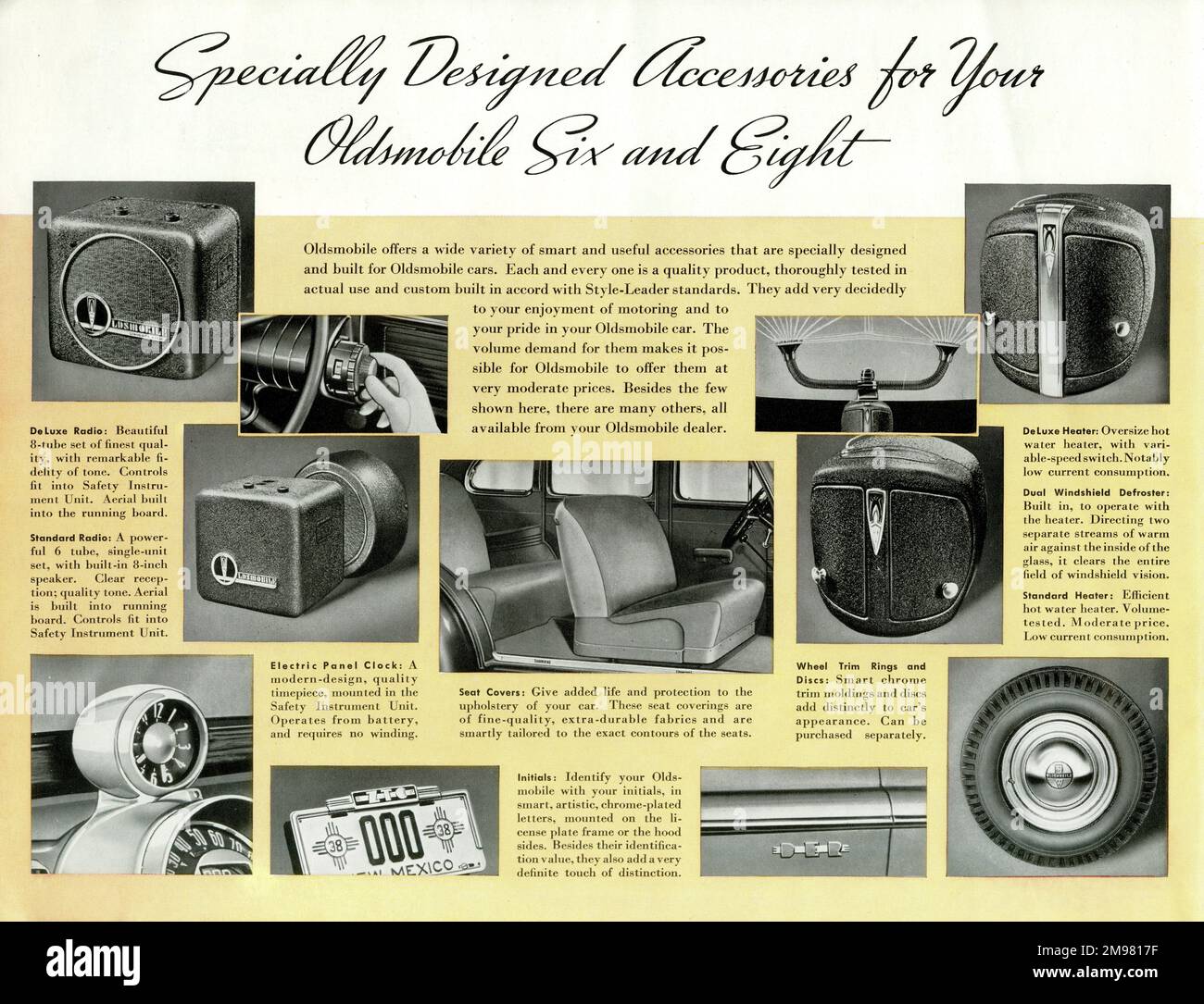 Brochure page, Oldsmobile Six and Eight specially designed accessories -- radios, heaters, defroster, clock, seat covers, identity initials, wheel trim rings and discs. Stock Photo