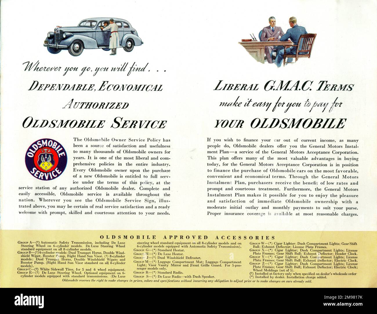 Brochure page, Oldsmobile cars, giving details of service, payment terms and approved accessories. Stock Photo