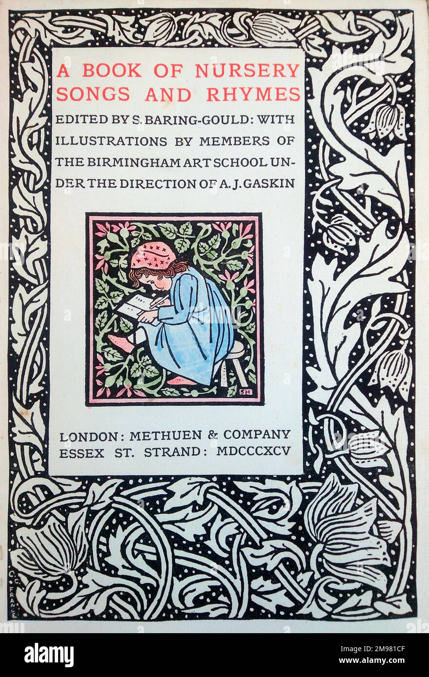 Title page illustration, A Book of Nursery Songs and Rhymes, edited by S Baring-Gould, with illustrations by members of the Birmingham Art School under the direction of A J Gaskin.  Showing a little girl sitting on a stool, writing in a notebook. Stock Photo