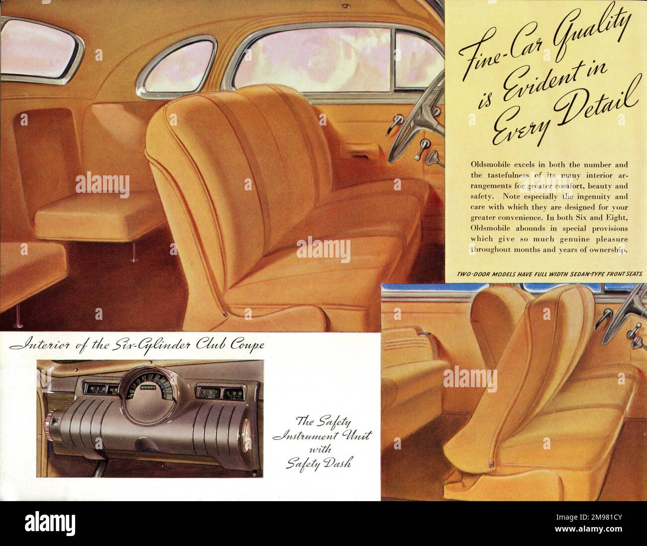 Brochure illustration, Oldsmobile car -- fine car quality is evident in every detail.  Show the interior of the six-cylinder Club Coupe, and safety instrument unit with safety dash. Stock Photo