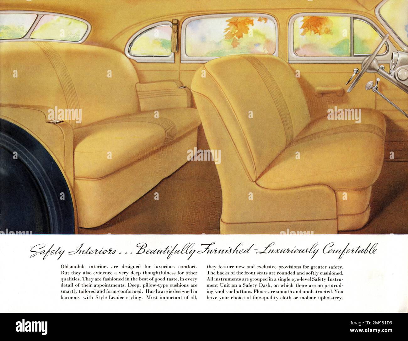 Brochure illustration, Oldsmobile car -- safety interiors, beautifully furnished, luxuriously comfortable. Stock Photo