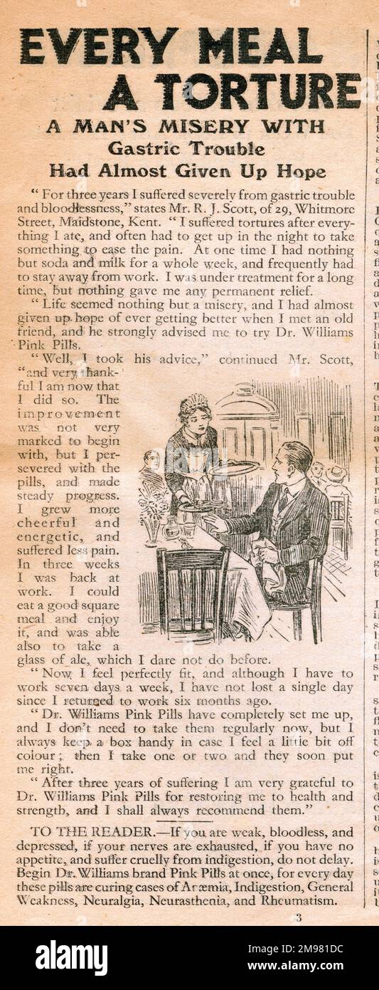 Advertisement, Dr Williams pink pills for pale people. Every meal a torture. A man's misery with gastric trouble, had almost given up hope. The patent medicine pills contained iron oxide and magnesium sulphate. Stock Photo