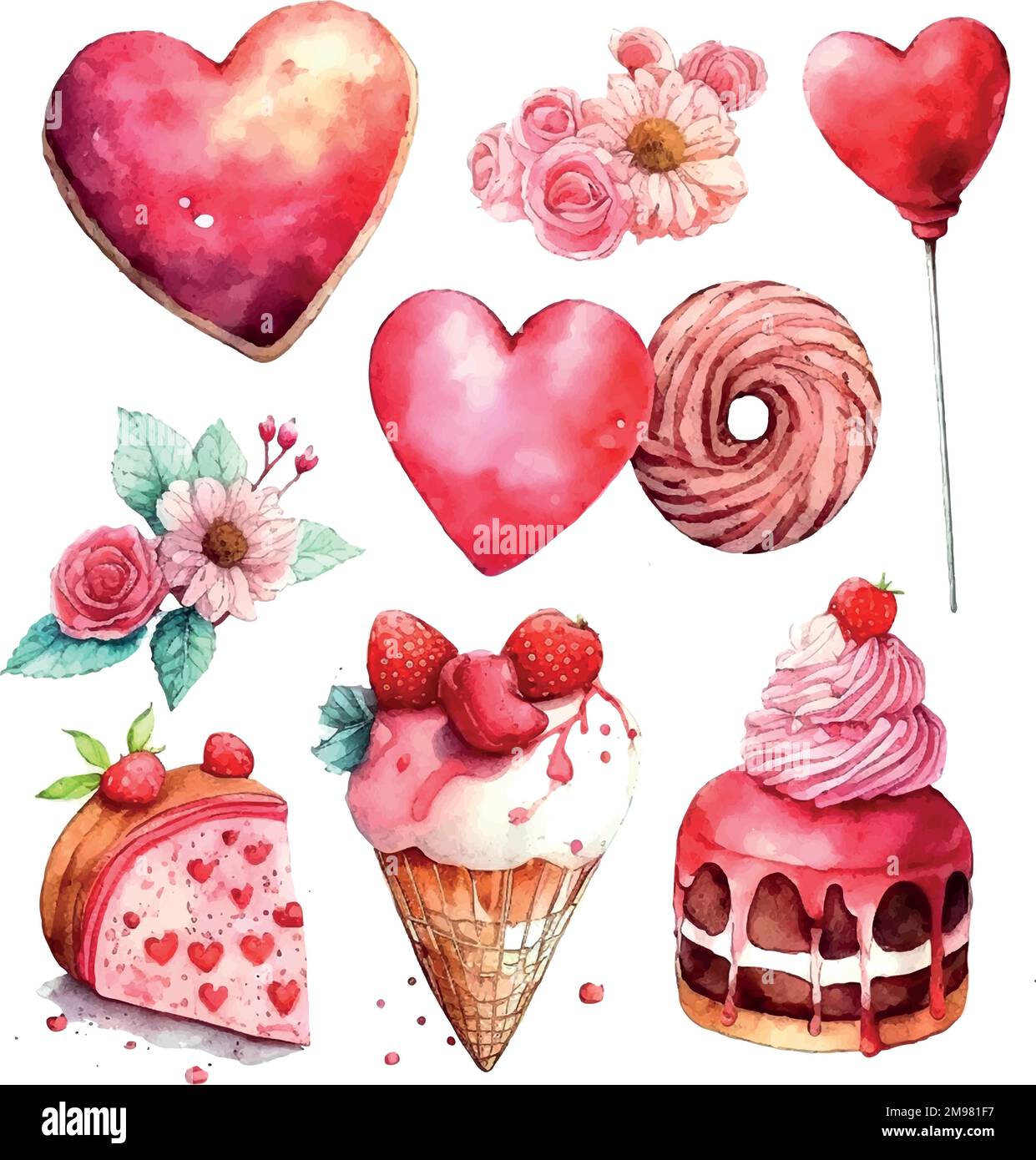 Vector cute objects and elements for Valentine's Day cards: heart, sweets, coffee, cake, key, candy, letter, diamond, rose, lollipop, ice cream cart Stock Vector