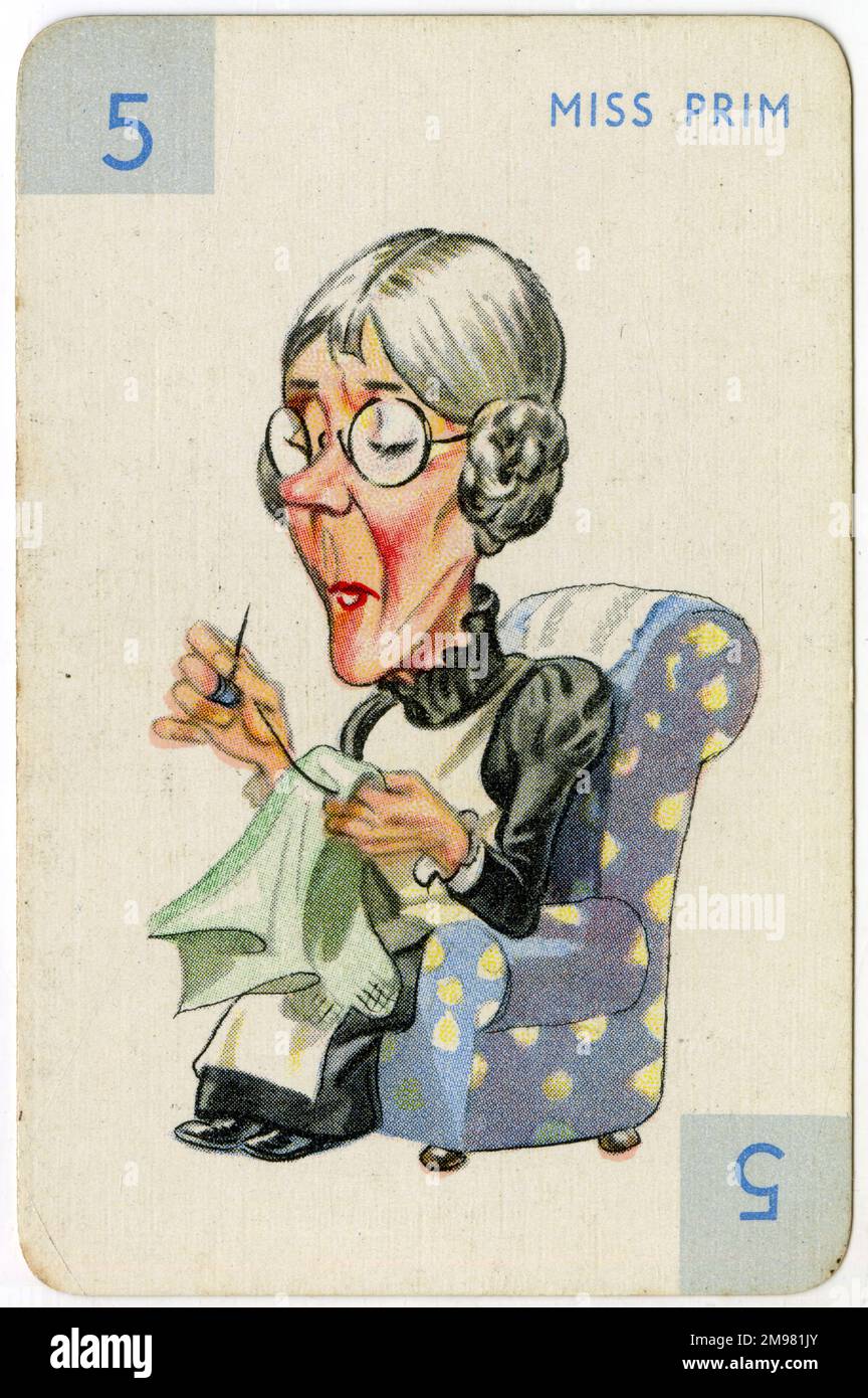 Strip tease card game - Prudie suit - Miss Prim. A game which features characters involved in performing (and subsequently  prosecuting and defending) a striptease. The complex rules allow for two variants of the game, providing for prosecution of the person (or theatre) presenting the striptease. Stock Photo