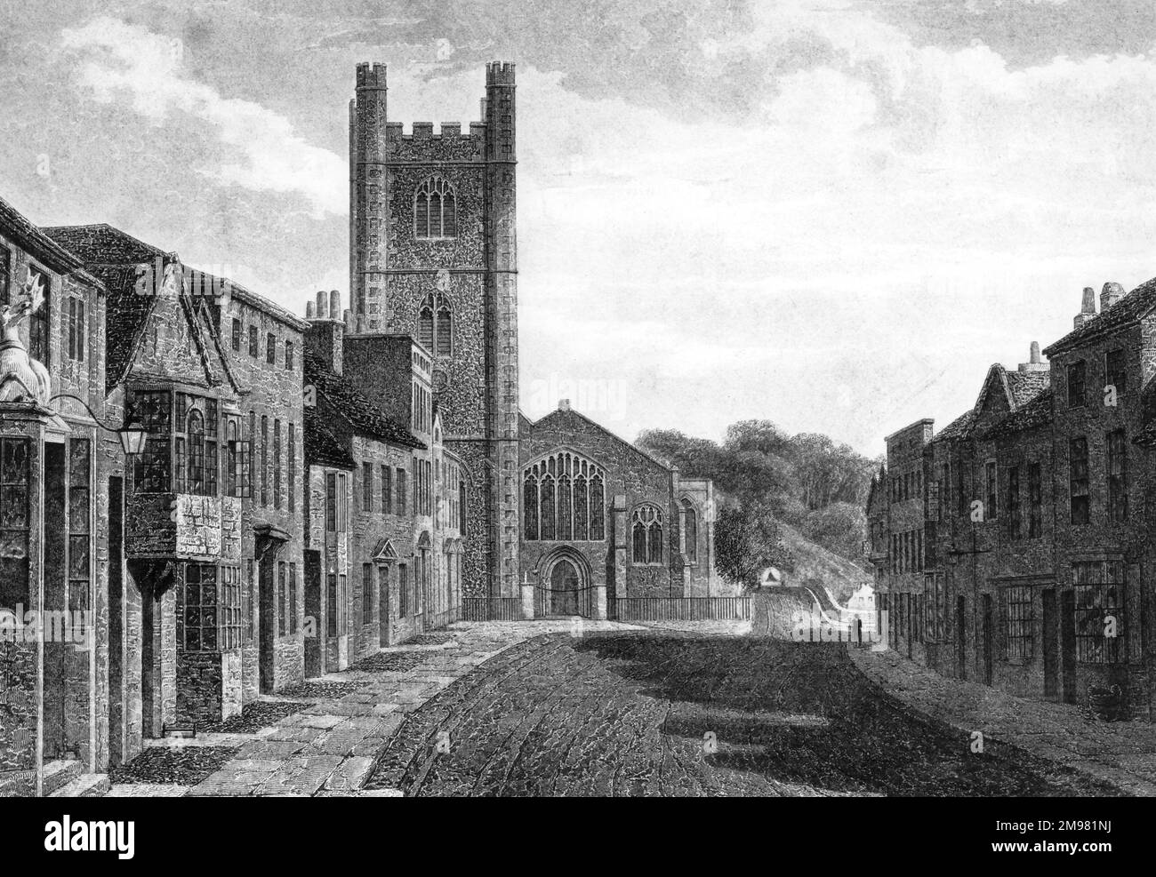 Old drawing of Henley-on-Thames, Oxfordshire - looking towards the Bridge and St Mary's Church (on left). Stock Photo
