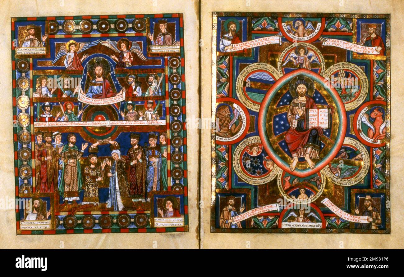 The Gospels of Henry the Lion, Order of Saint Benedict. The Coronation picture of Henry and Matilda and the Creation of the World. Henry the Lion (Heinrich der Lowe; 1129–1195) was a member of the Welf dynasty and Duke of Saxony, as Henry III, from 1142, and Duke of Bavaria, as Henry XII, from 1156, which duchies he held until 1180. Originally commissioned for the altar of the Virgin Mary at the Brunswick Cathedral), this gospel book was purchased by the German government at Sotheby’s of London in 1983 for over £8m. At 266 pages, including 50 full-page illustrations, the book is considered a Stock Photo