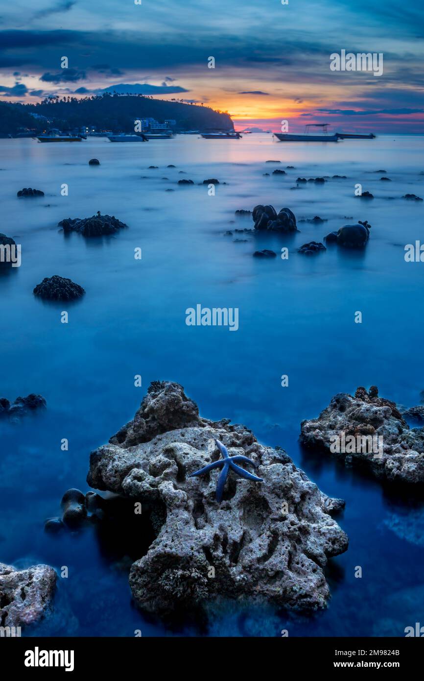 Starfish on a Coastal rocky beach landscape at sunset, Batangas, Calabarzon, Philippines Stock Photo