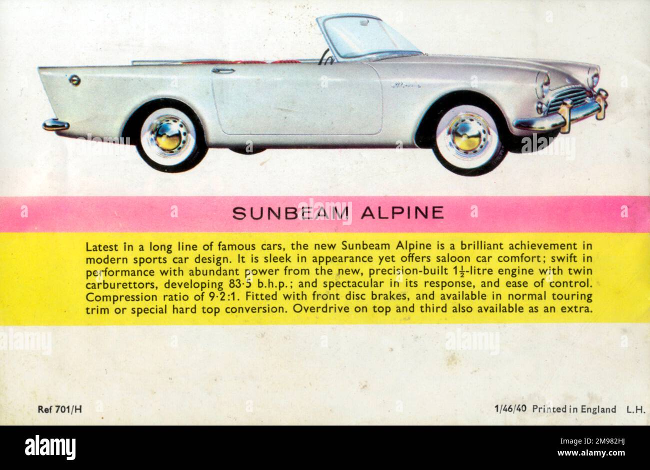 A Sporty White Sunbeam Alpine in a Humber, Hillman and Sunbeam Rootes Motors Limited brochure Stock Photo