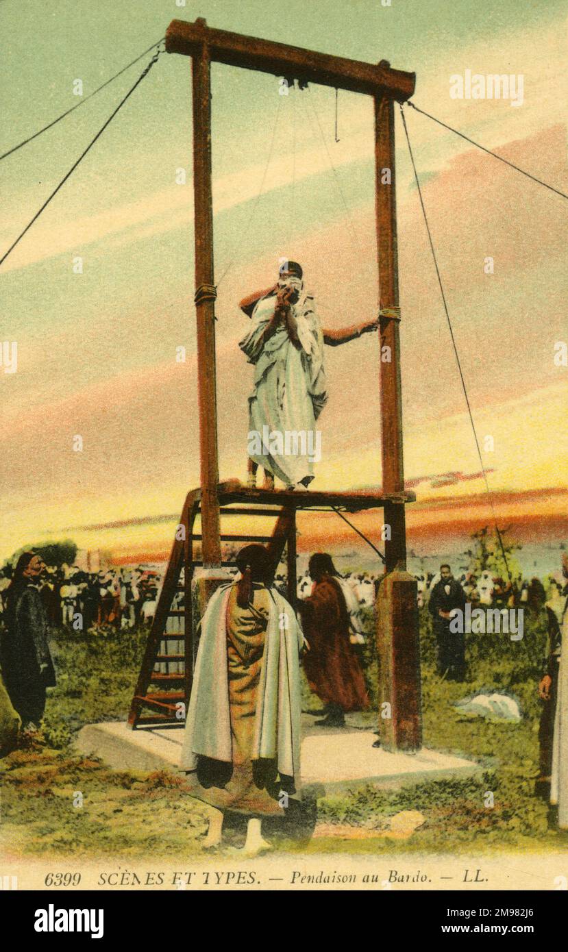 Hanging in Tunis, Tunisia, North Africa at the Bardo (once a palace, later a museum). A condemned male figure is prepared for execution, whilst a crowd gathers to watch. Stock Photo