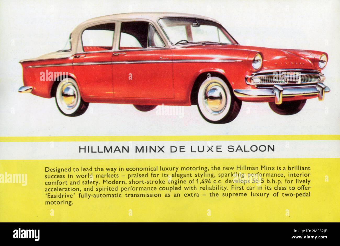 A Red Hillman Minx Deluxe saloon advertised in a Humber, Hillman and Sunbeam Rootes Motors Limited brochure. Stock Photo