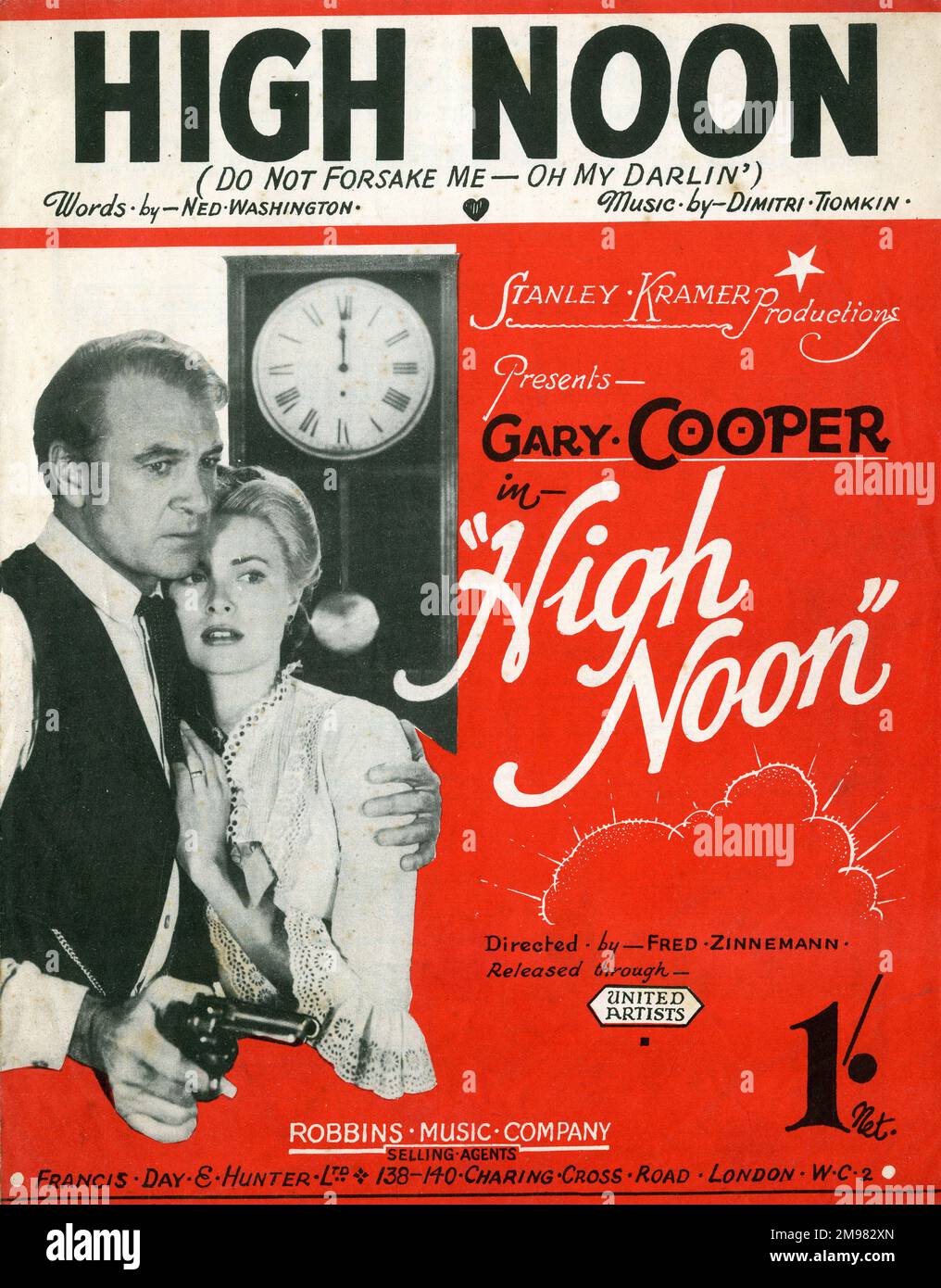 Music cover, Gary Cooper High Noon (Do Not Forsake Me Oh My Darlin'), depicting Gary Cooper and Grace Kelly in a still from the film.  Words by Ned Washington, music by Dimitri Tiomkin. Stock Photo