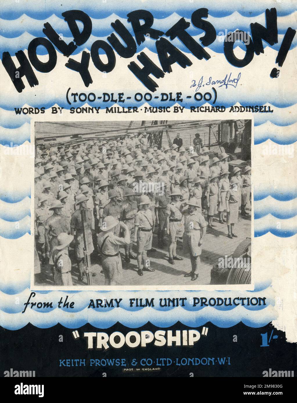 Music cover, Hold Your Hats On!  (Too-dle-oo-dle-oo), words by Sonny Miller, music by Richard Addinsell, from the Army Film Unit production, Troopship, during the Second World War. Stock Photo