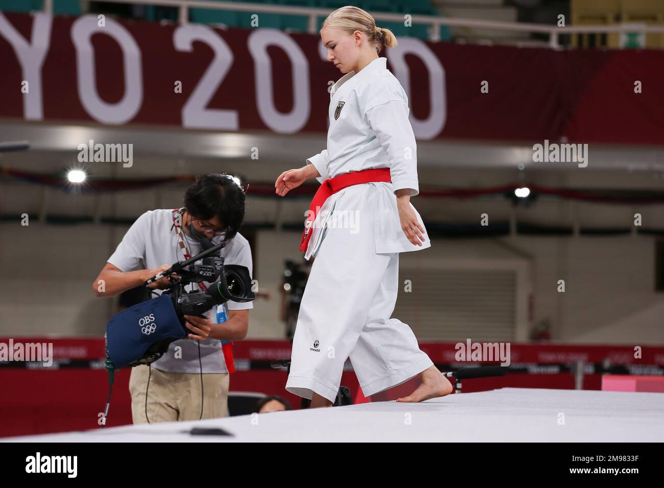AUG 5, 2021 - TOKYO, JAPAN: Jasmine Jüttner of Germany about to make History by becoming the very first Karateka at the Olympics by competing in the Women's Kata Elimination Round at the Tokyo 2020 Olympic Games (Photo by Mickael Chavet/RX) Stock Photo