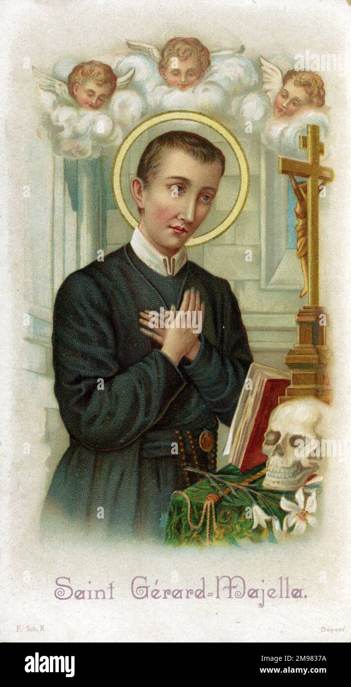Chromolithograph Devotional Card depicting Saint Gerard Majella (1726-1755) - an Italian lay brother of the Congregation of the Redeemer, better known as the Redemptorists, who is honored as a saint by the Catholic Church. Souvenir card for a first communion on 11th March, 1912. Stock Photo