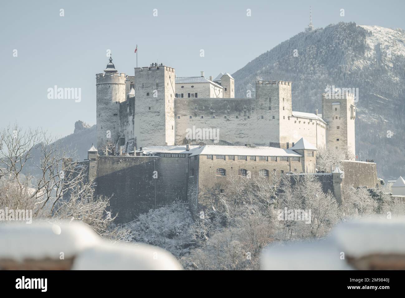 Fortress Hohensalzburg in the snow, Salzburg, Austria Stock Photo
