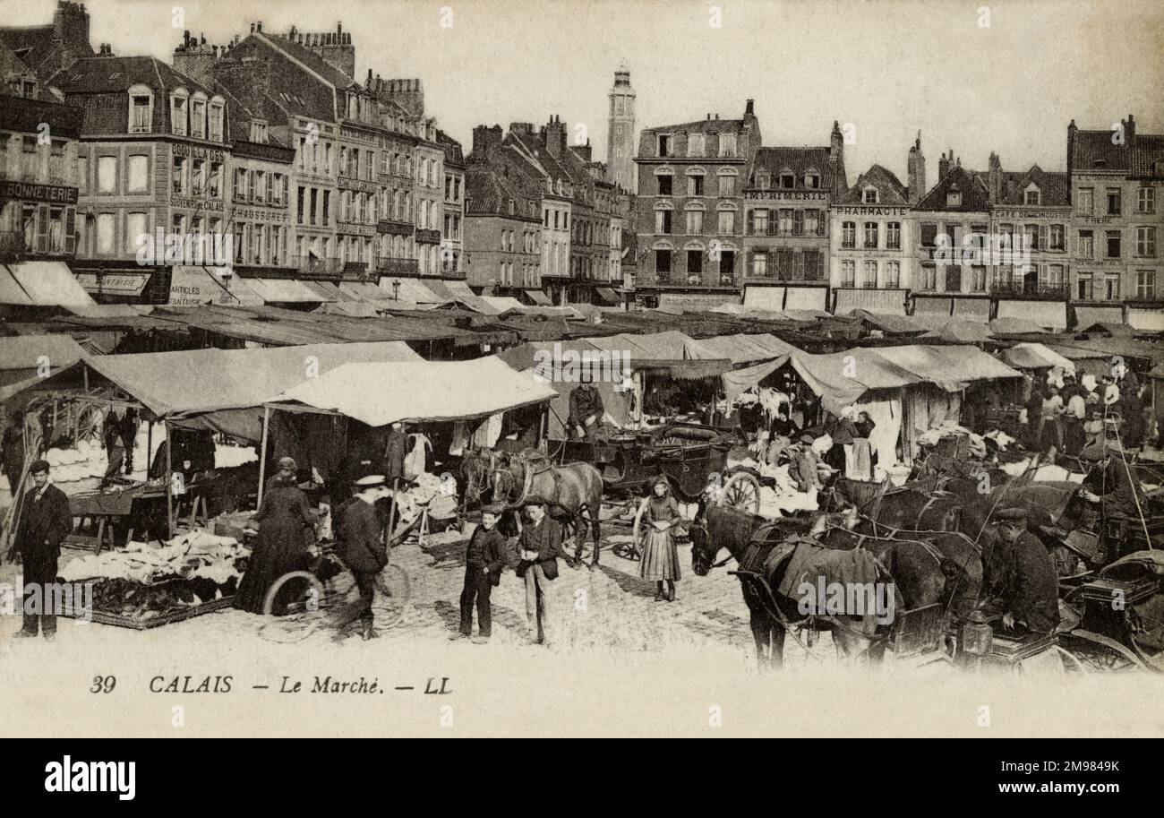 Calais, France a busy street market packed with tents, stalls and