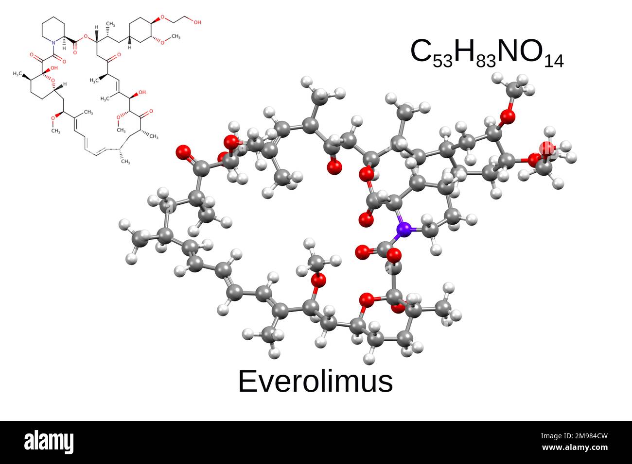 Chemical formula, skeletal formula and 3D ball-and-stick model of a immunosuppressant drug everolimus, white background Stock Photo