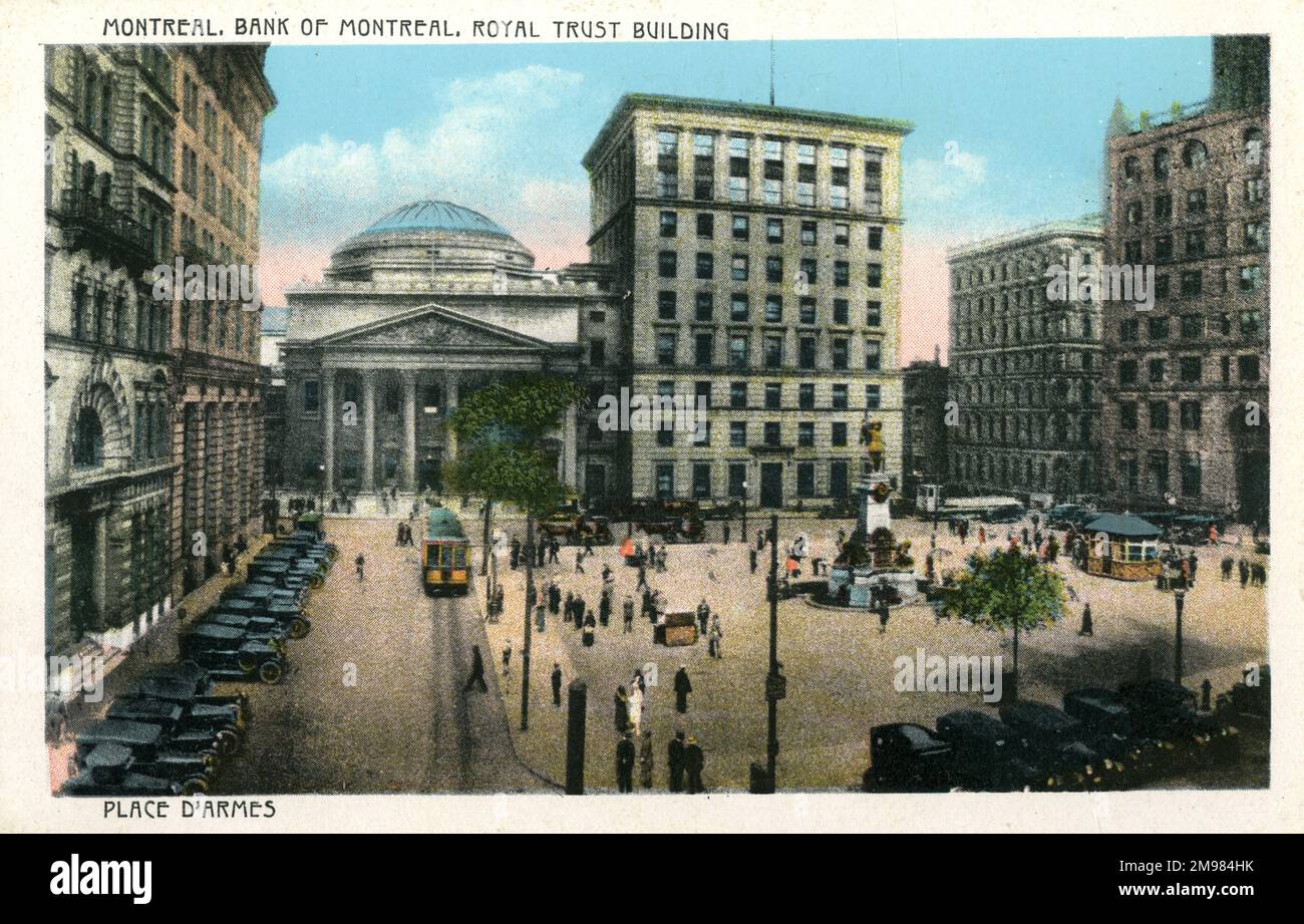 The Bank of Montreal's Head Office, built by John Wells in 1847 in the neoclassical style, is located in the Canadian city of Montreal in Quebec. The Bank of Montreal is the oldest bank in Canada, founded in 1817. Despite the name, this is no longer the head office of the bank - which was moved to Toronto in 1977. Stock Photo