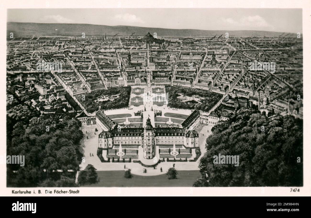 The German city of Karlsruhe was planned as 32 streets radiating out  from the central Schloss palace tower, earning it the nickname Facherstadt - Fan City - because the city design resembles a fan when seen from above. Stock Photo