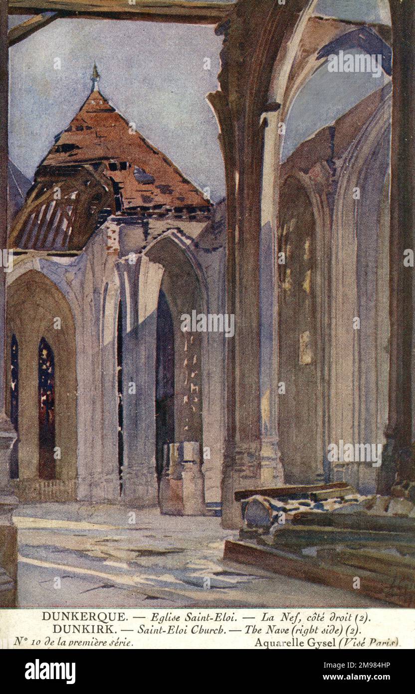 The right side of the Saint Eloi Church nave, located in the northern french city of Dunkirk (Dunkerque), showing damage from WW1 bombing. Stock Photo