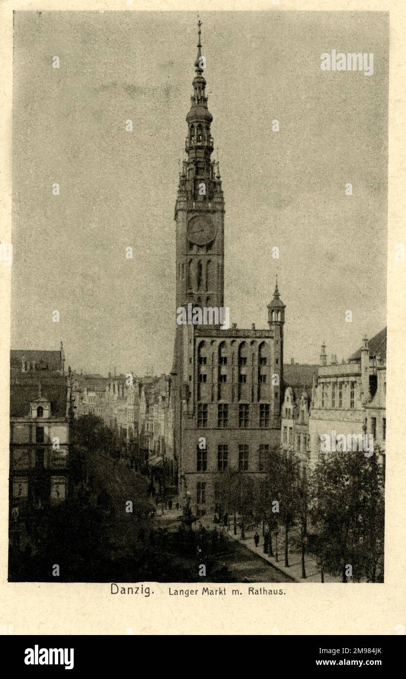 The tower of the town hall of the city of Danzig, Germany (now Gdansk, Poland). This was an autonomous city-state that existed between 1920 and 1939, according to the terms of the post-WWI Treaty of Versailles, consisting of about 200 towns with the Baltic sea port of Danzig as the capital. Danzig was set between Germany and Poland and was under League of Nations protection. The city state was abolished by the Nazi regime in 1939, and later invaded by the Soviet Army in 1945. Stock Photo