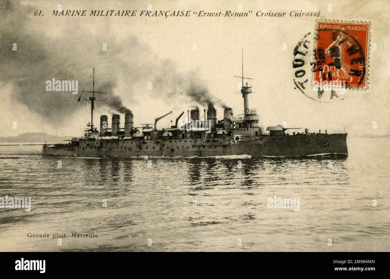 Marseilles, France - the French Navy's armoured cruiser, Ernest-Renan, at sea. The ship was built at the beginning of the 20th century and was used during WWI in the hunt for the German battleship Goeben, as well as during the Austro-Hungarian Naval blockade, the Battle of Antivari and the seizure of Corfu in 1916. Stock Photo