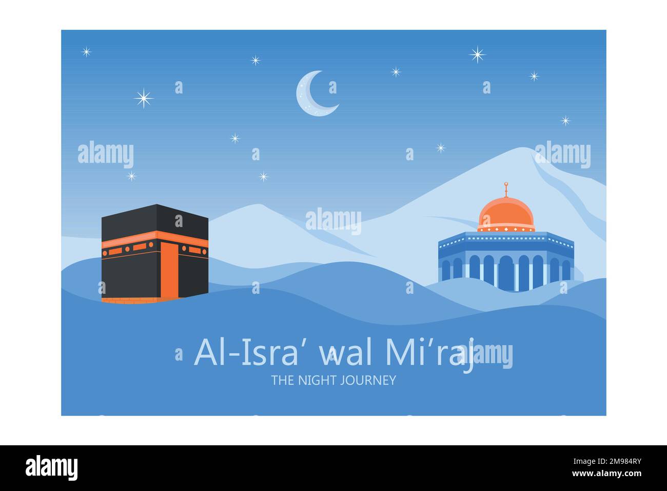 Islamic Background Design Template. Al-Isra wal Mi'raj means The night journey of Prophet Muhammad, flat vector modern illustration Stock Vector