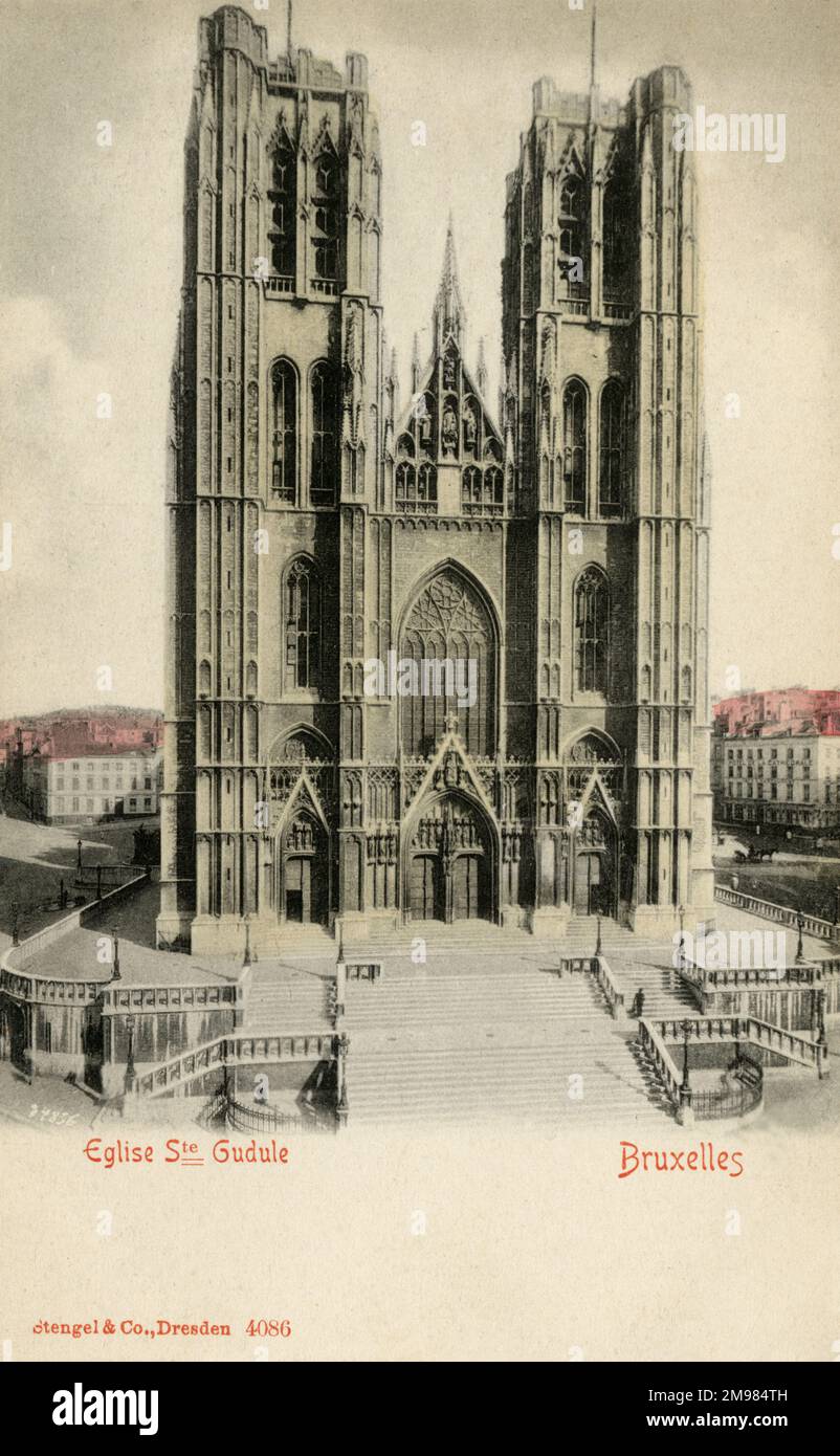 Cathedral of Saint Michael and Saint Gudula, Brussels, Belgium. The Roman Catholic church was given Cathedral status in 1962. The image is colour tinted. The western façade with its three portals surmounted by gables and two towers are typical of the French Gothic style, but without rose window, which was replaced by a large window in the Brabantian Gothic style. Stock Photo