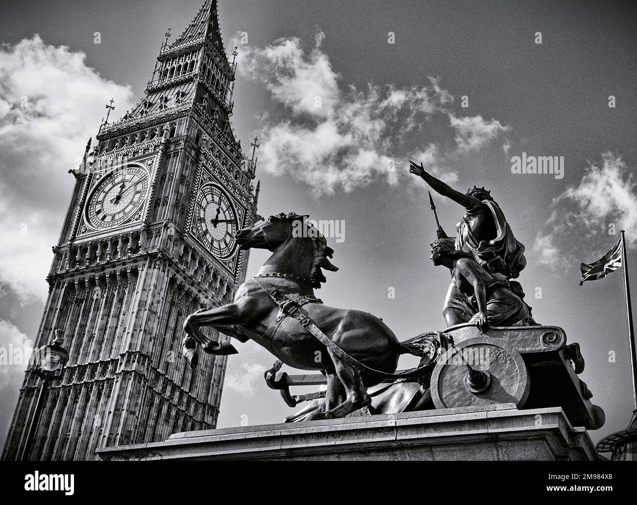 Queen of the Iceni - This bronze statue of Boadicea (Boudicca), at the foot of Westminster Bridge, London, was sculpted in 1850 by Thomas Thornycroft. The iconic shape of Big Ben looms behind. Stock Photo
