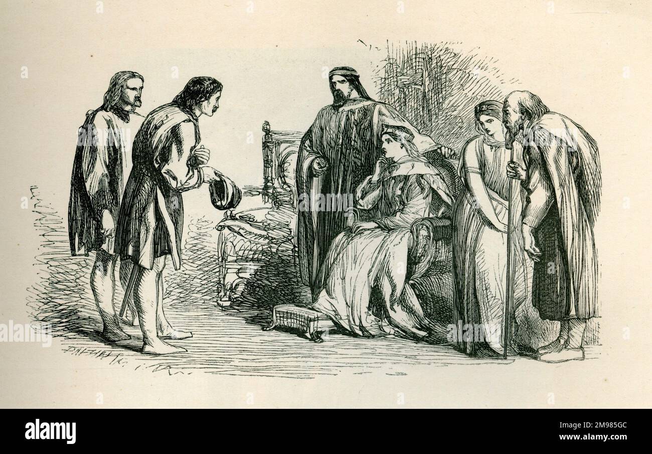 Hamlet - Rosencrantz and Guildenstern with King Claudius and Queen Gertrude. Stock Photo