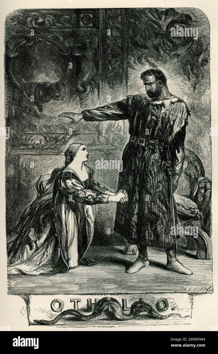 Othello - title page - he distrusts the innocent Desdemona. Stock Photo