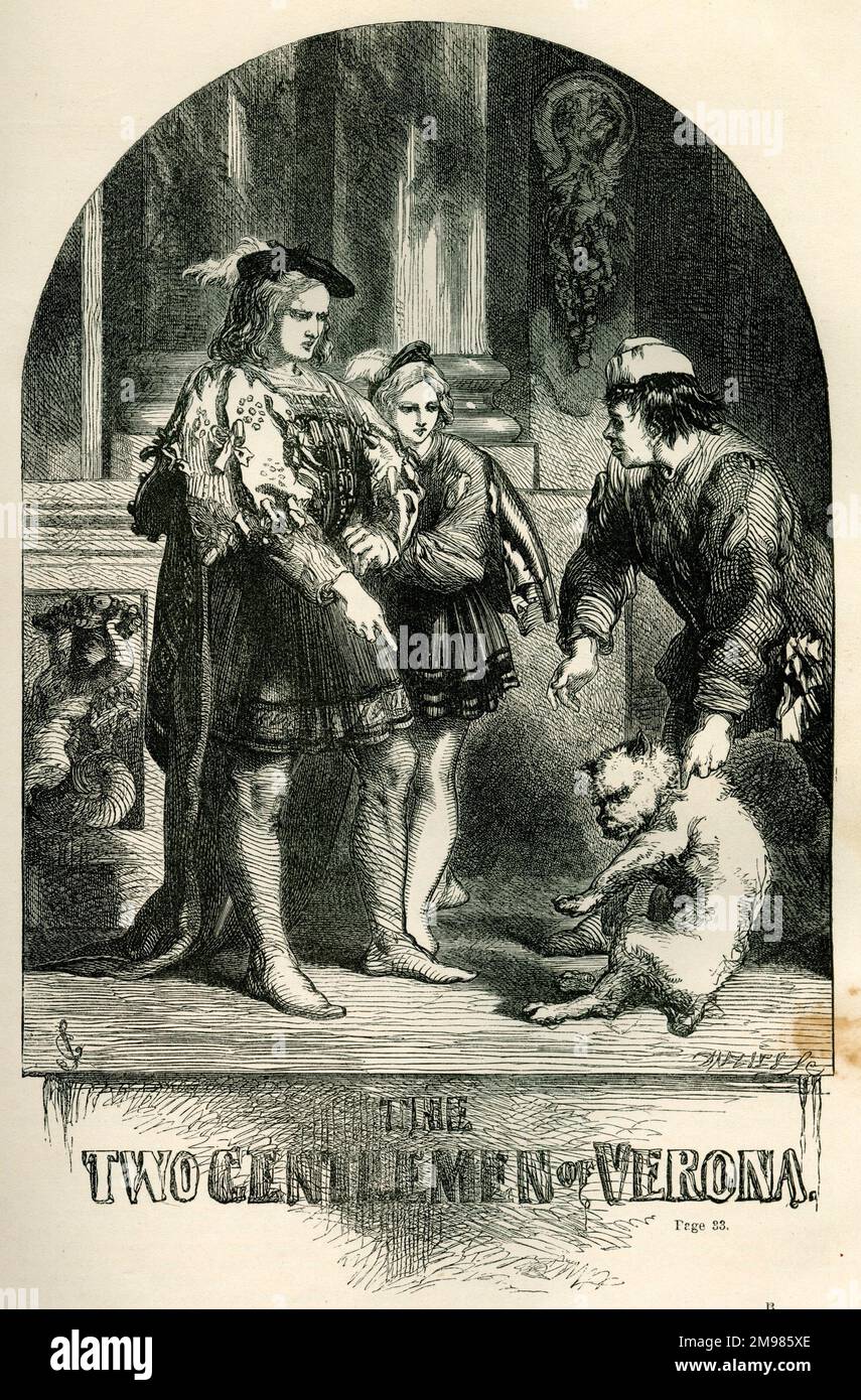 The Two Gentlemen of Verona - title page - Valentine, Proteus, Launce and his badly behaved dog, Crab. Stock Photo