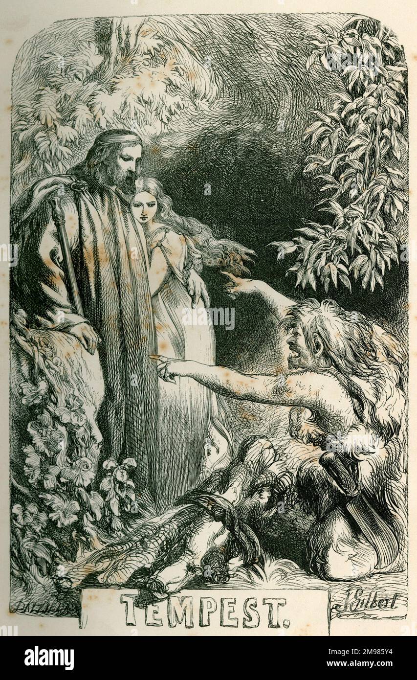 The Tempest - title page - Prospero, Miranda and Caliban. Stock Photo