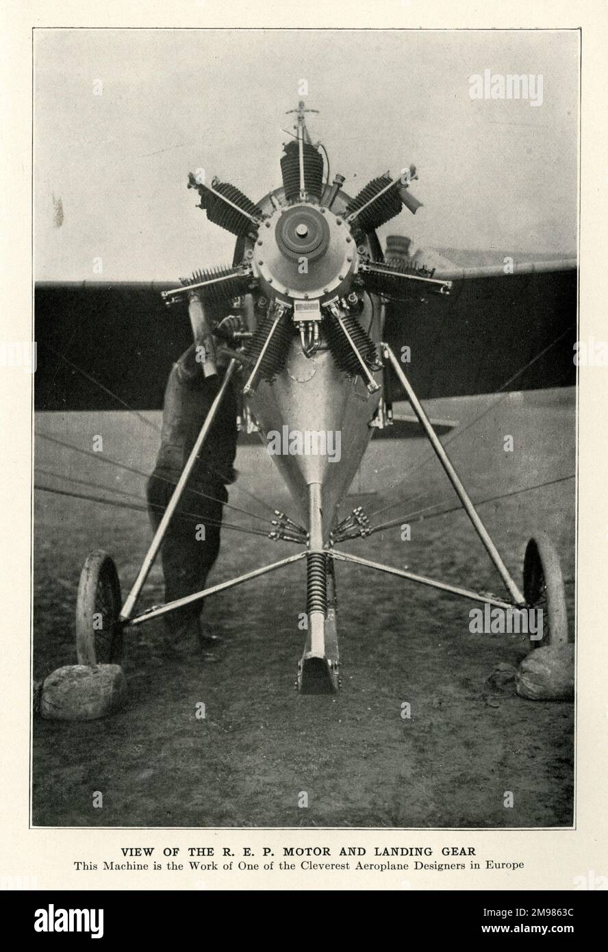 R.E.P. motor and landing gear, the work of a European aeroplane designer. Stock Photo
