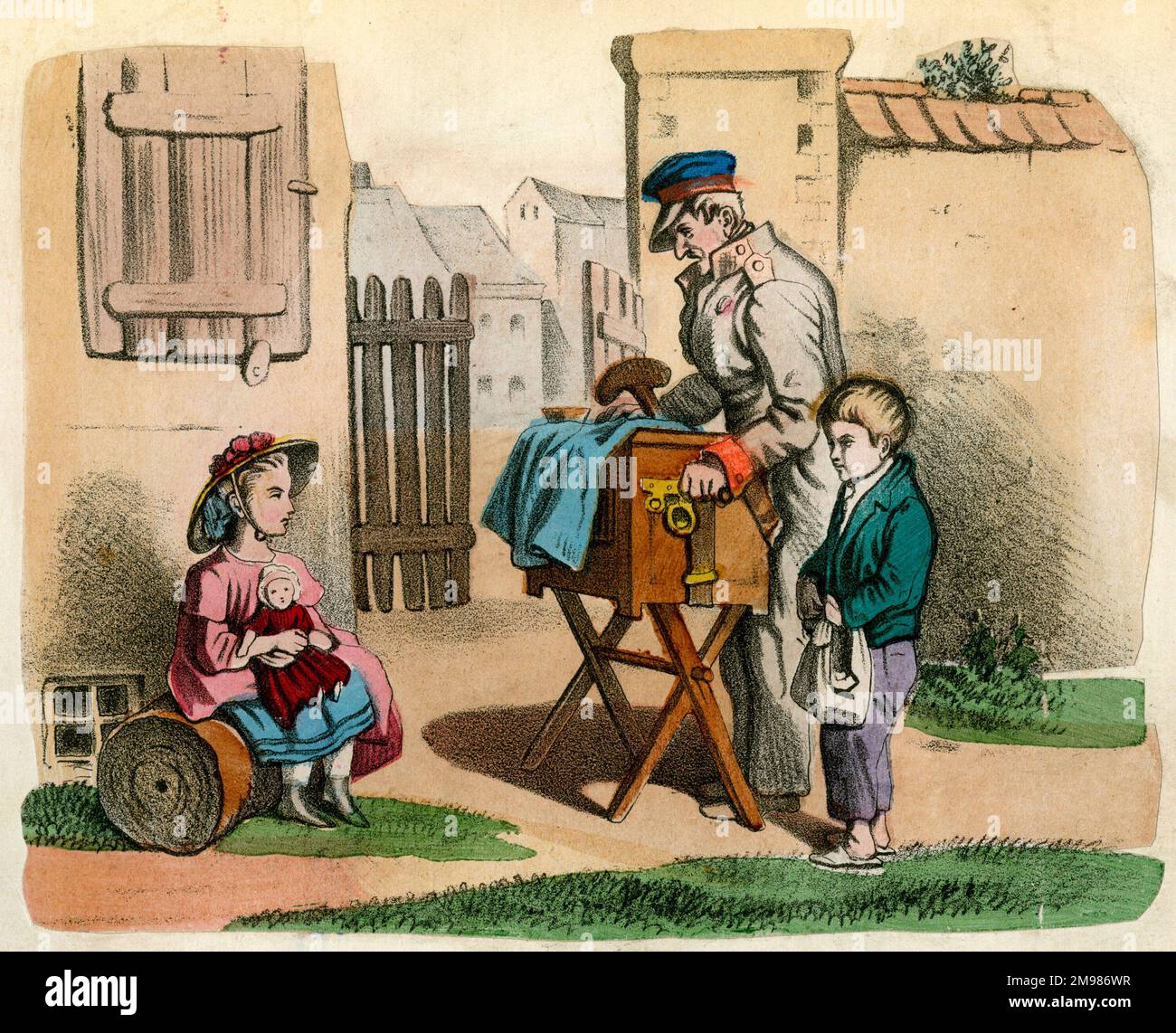 Hurdy Gurdy man and boy with rich girl and doll. Stock Photo