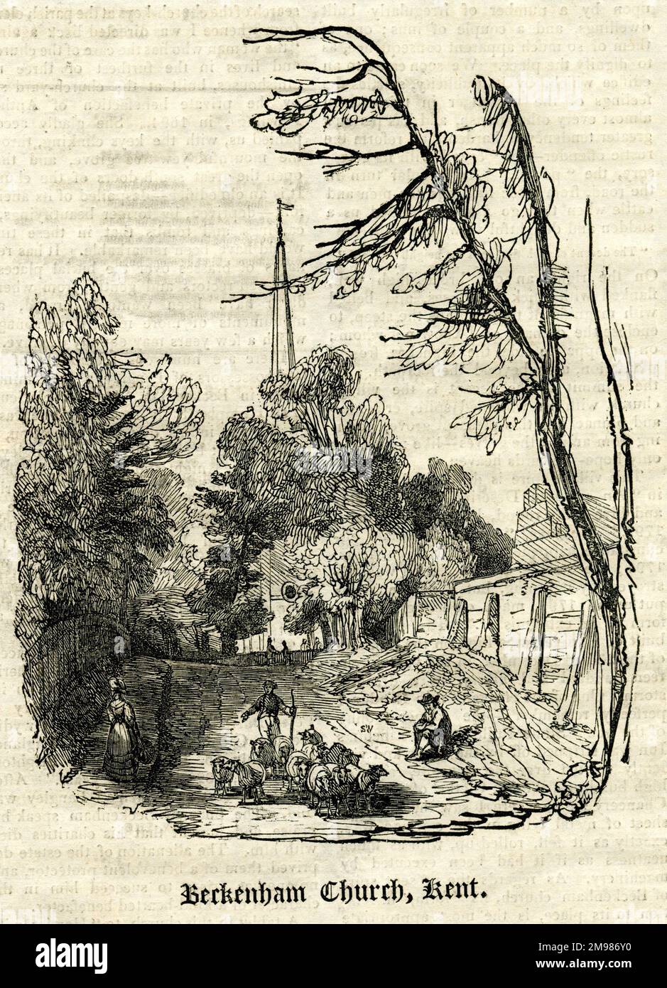 St George's Church, Beckenham, Kent (south-east London). Depicted here before December 1790, when a storm destroyed the steeple. Stock Photo