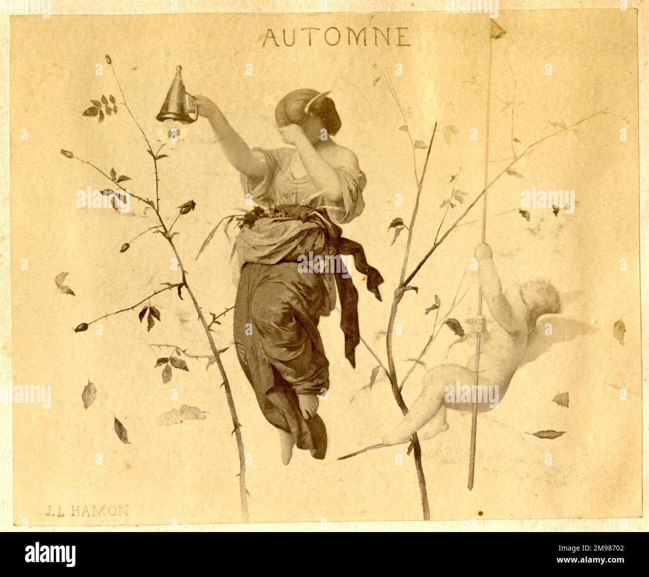 Allegory of autumn snuffing out the flowers. Stock Photo