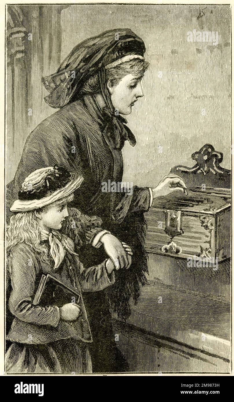 Church Charity Box - Remember the Poor - a woman and a little girl. Stock Photo