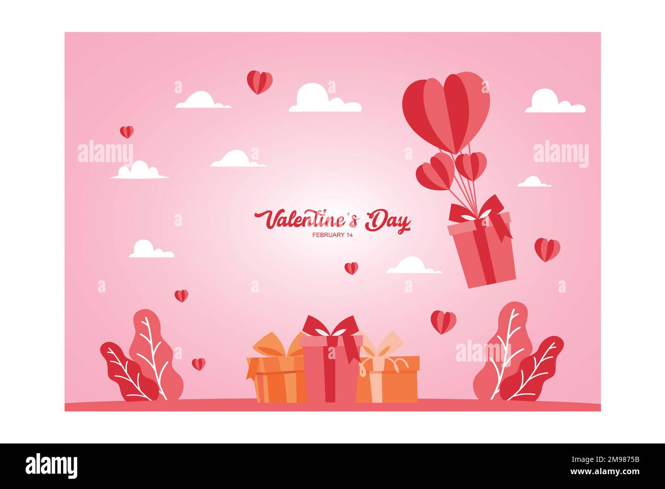 Gift box with heart balloon floating it the sky, Happy Valentine's Day ...
