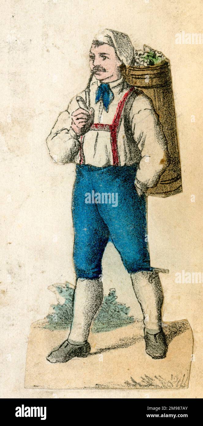 Scrap, Die Weinlese, German Grape Harvest -- man carrying grapes and smoking a pipe. Stock Photo