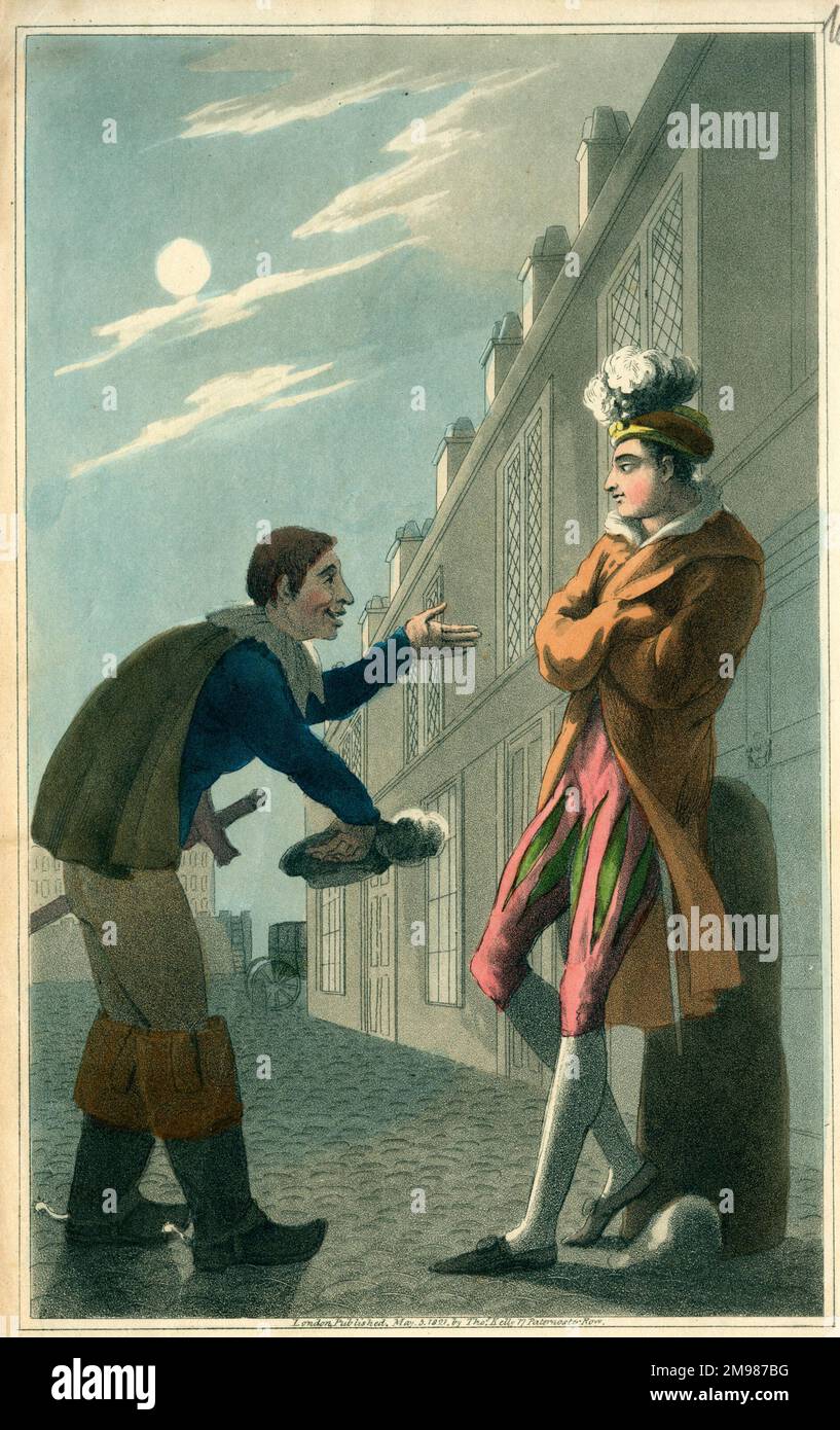 Don Juan and his man Leporello, probably a scene from Mozart's opera, Don Giovanni, outside Elvira's house, during which they exchange clothes for purposes of deception. Stock Photo