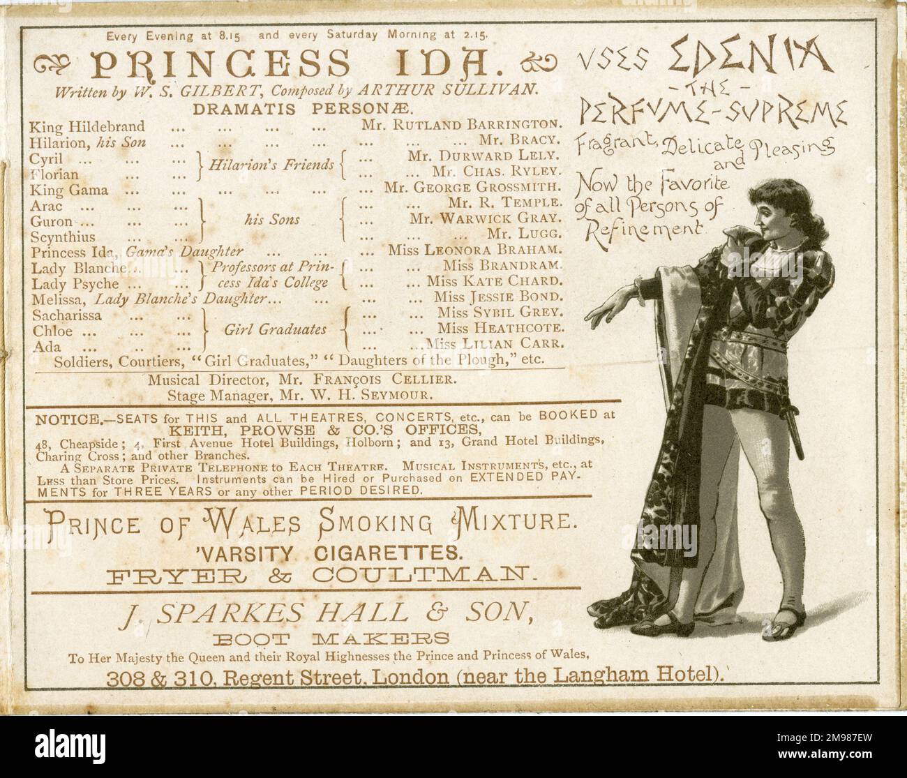 Cast list and adverts in Princess Ida programme, Gilbert & Sullivan, Savoy Theatre, London. Stock Photo