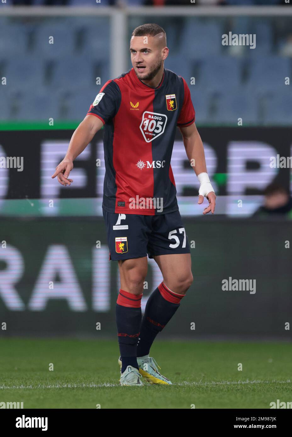 Genoa, Italy, 16th January 2023. George Puskas of Genoa CFC reacts during  the Serie B match at Luigi Ferraris, Genoa. Picture credit should read:  Jonathan Moscrop / Sportimage Stock Photo - Alamy